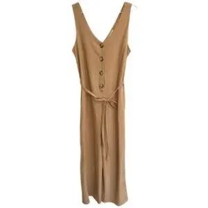 Monteau Tan Sleeveless LinenJumpsuit V-neck Tie Front
